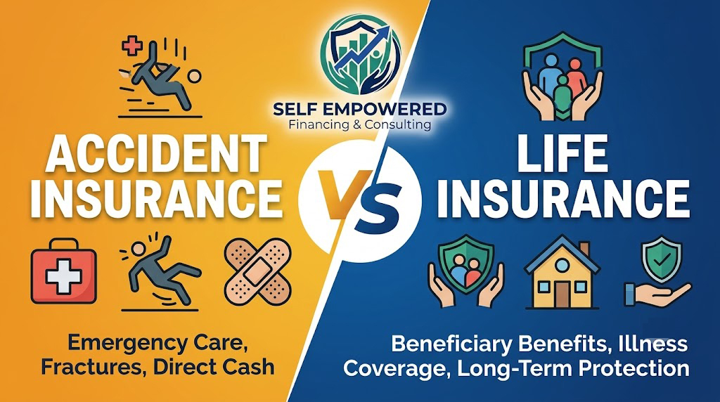 Accident insurance vs life insurance comparison showing injury expenses and family financial protection