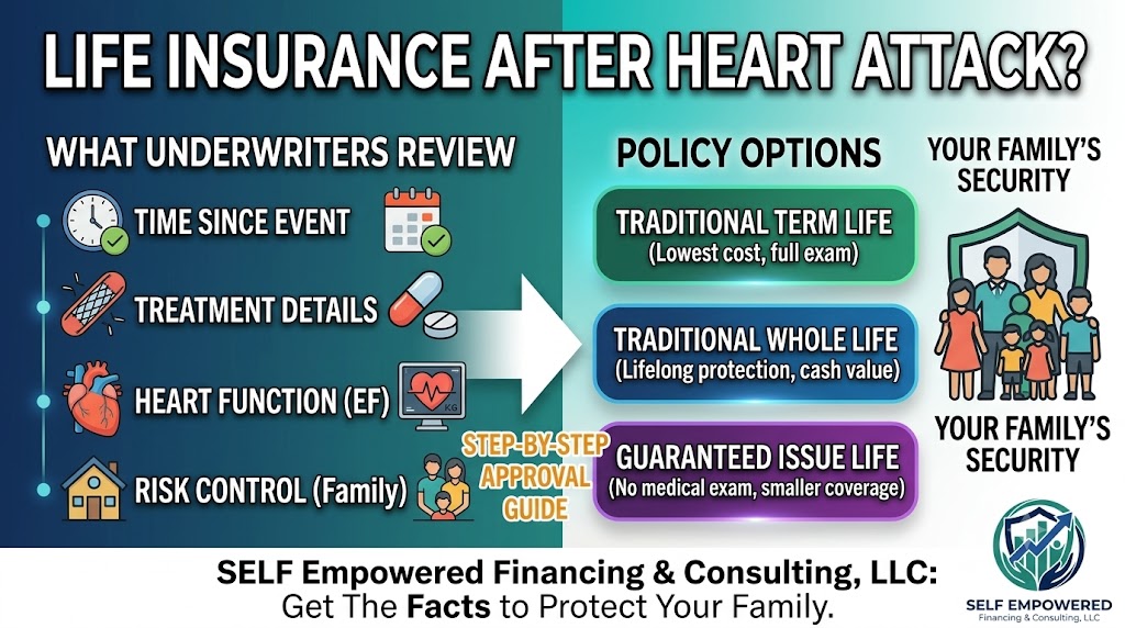 Life insurance after a heart attack guide showing recovery, medical review, and family financial protection